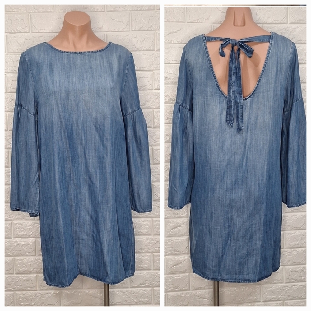 ANTHROPOLOGIE Cloth & Stone Chambray Denim Ombre Bell Sleeve Dress w Bow